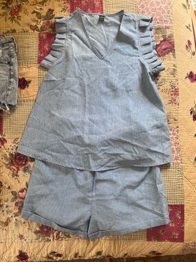 SHEIN Light Blue Denim-Look Ruffle Sleeve Shorts Set
